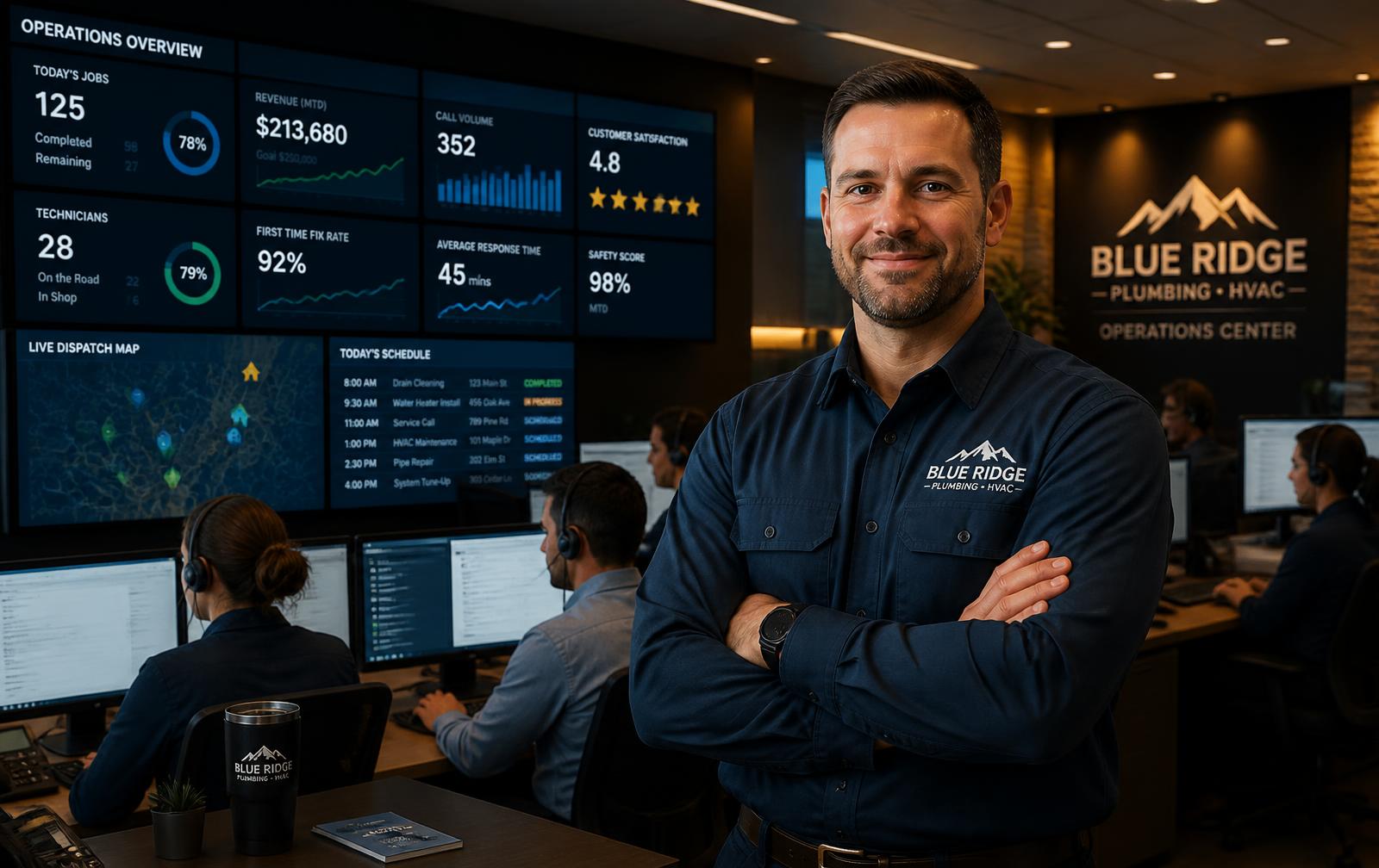 Revexa operations center with dispatch dashboards, headset agents, and a home service business owner